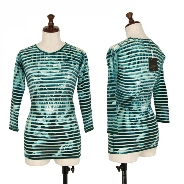 ジャンポールゴルチエ マイユファムJean Paul GAULTIER MAILLE FEMME デビルプリントシースルーボーダーカットソー グリーンS K-112557_001