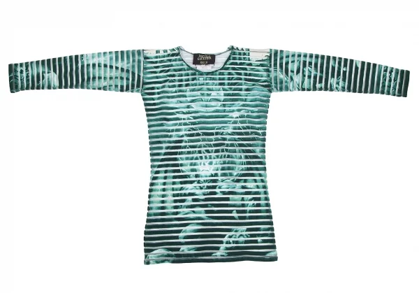 ジャンポールゴルチエ マイユファムJean Paul GAULTIER MAILLE FEMME デビルプリントシースルーボーダーカットソー グリーンS K-112557_002