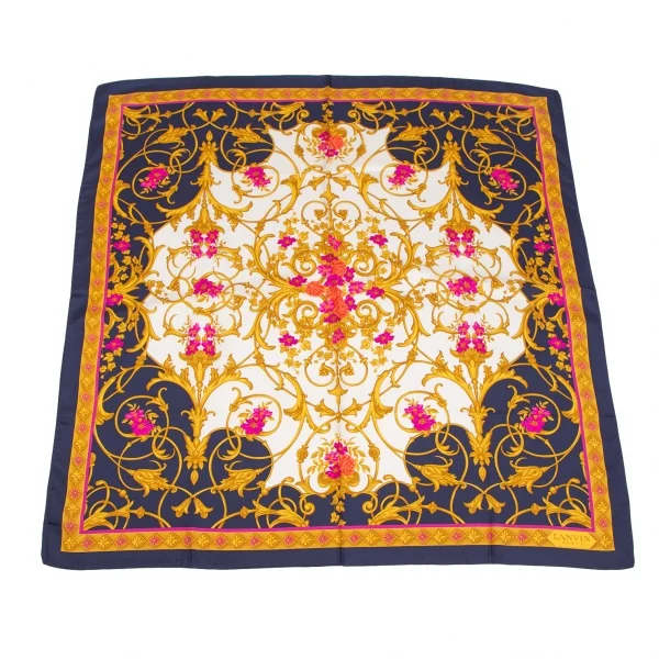 ランバンLANVIN フラワーバロックプリントシルクスカーフ 白紺 K-112572_001