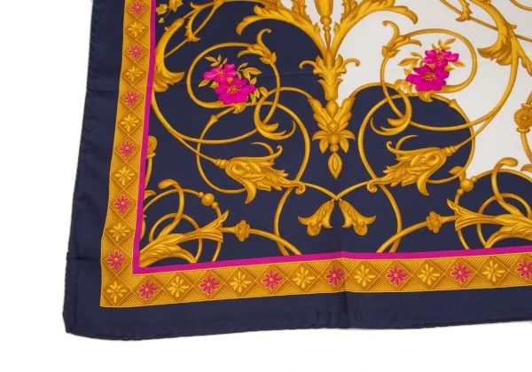 ランバンLANVIN フラワーバロックプリントシルクスカーフ 白紺 K-112572_002