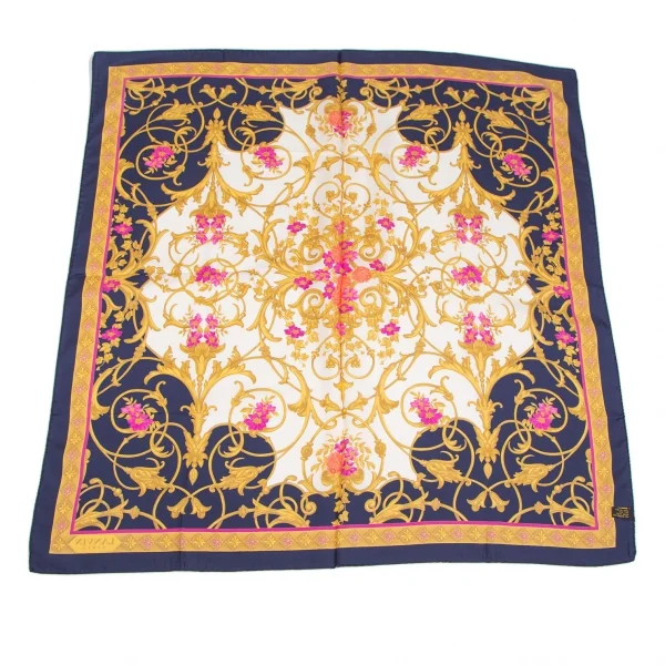 ランバンLANVIN フラワーバロックプリントシルクスカーフ 白紺 K-112572_004