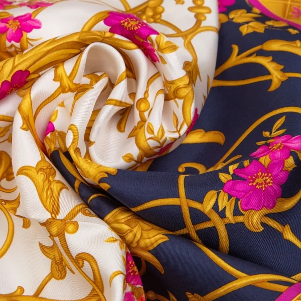 ランバンLANVIN フラワーバロックプリントシルクスカーフ 白紺 K-112572_005