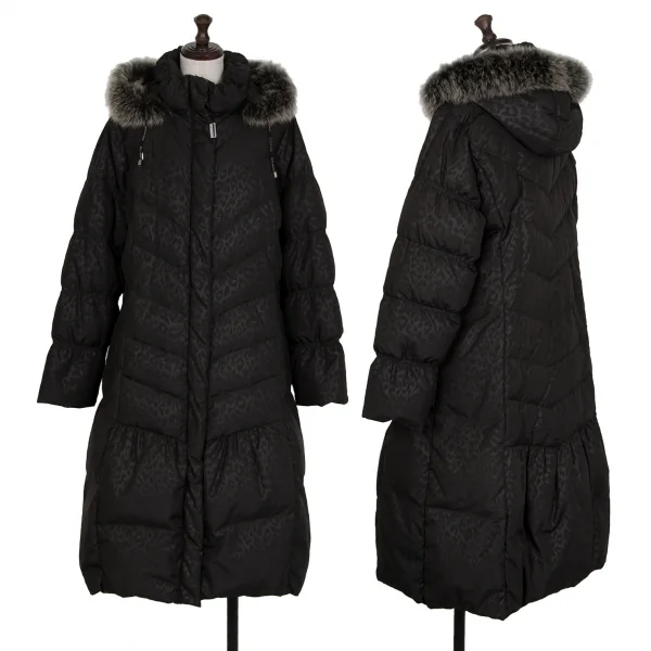バルマンBALMAIN ブルーフォックスファー着脱レオパードプリントフードダウンコート 黒M K-112599_001