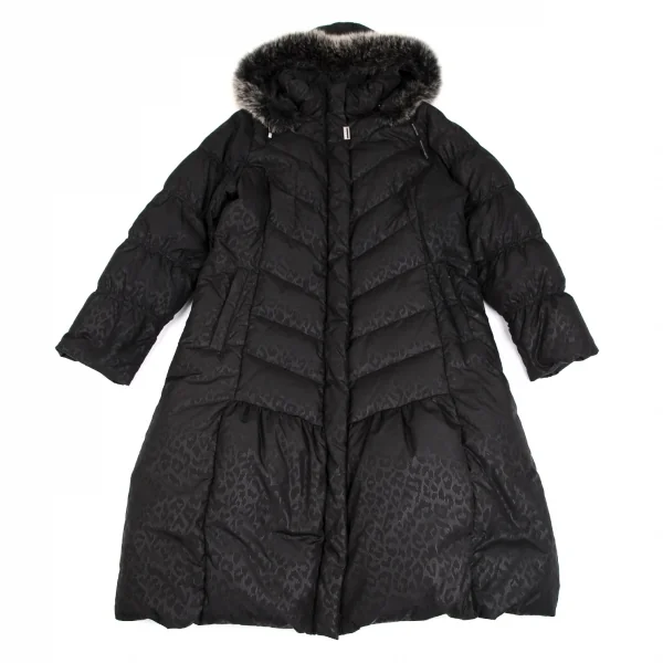 バルマンBALMAIN ブルーフォックスファー着脱レオパードプリントフードダウンコート 黒M K-112599_002