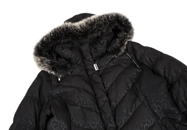 バルマンBALMAIN ブルーフォックスファー着脱レオパードプリントフードダウンコート 黒M K-112599_003