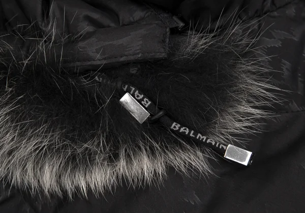 バルマンBALMAIN ブルーフォックスファー着脱レオパードプリントフードダウンコート 黒M K-112599_005