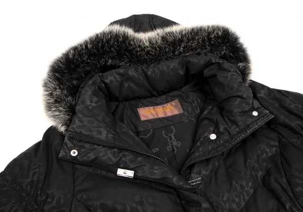 バルマンBALMAIN ブルーフォックスファー着脱レオパードプリントフードダウンコート 黒M K-112599_007