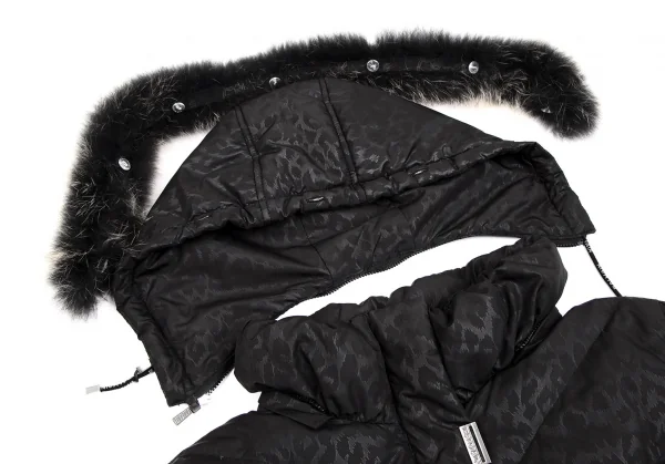 バルマンBALMAIN ブルーフォックスファー着脱レオパードプリントフードダウンコート 黒M K-112599_009