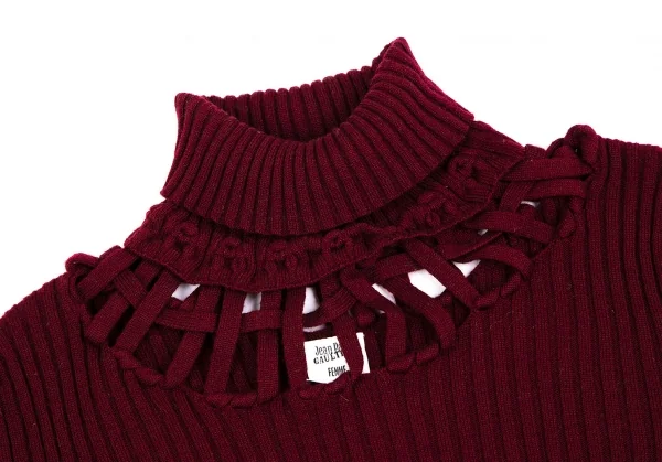ジャンポールゴルチエ ファムJean Paul GAULTIER FEMME ウールタートルネック編み込みリブニットセーター ボルドー40 K-112633_004