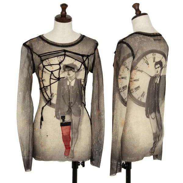 ジャンポールゴルチエ ファムJean Paul GAULTIER FEMME パンクプリント装飾パワーネットカットソー ベージュ40 K-112634_001