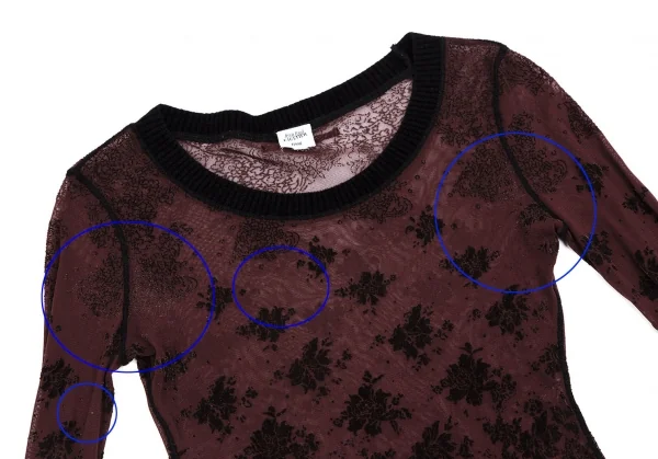 ジャンポールゴルチエ ファムJean Paul GAULTIER FEMMEフラワーフロッキープリントリブ切替パワーネット カットソー ボルドー40 K-112635_003