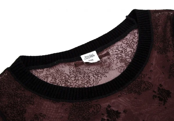 ジャンポールゴルチエ ファムJean Paul GAULTIER FEMMEフラワーフロッキープリントリブ切替パワーネット カットソー ボルドー40 K-112635_008