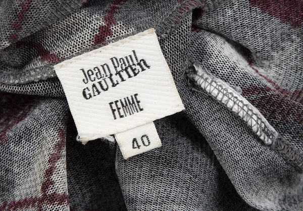 ジャンポールゴルチエ ファムJean Paul GAULTIER FEMME アーガイルニット転写タートルネックパワーネット カットソー グレーボルドー40 K-112637_017