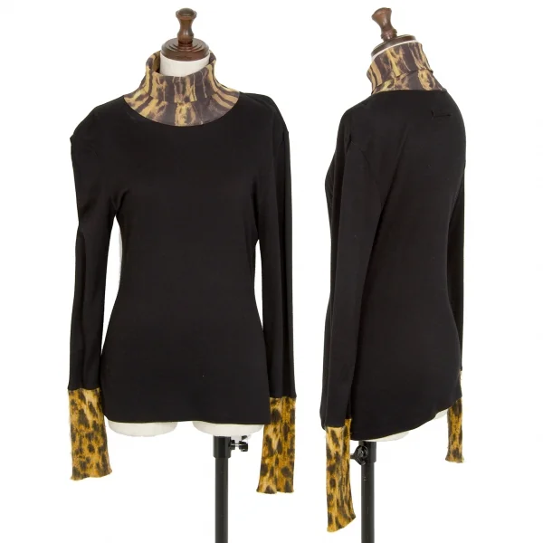ジャンポールゴルチエ ファムJean Paul GAULTIER FEMME レオパード異素材切替タートルネックカットソー 黒40 K-112641_001