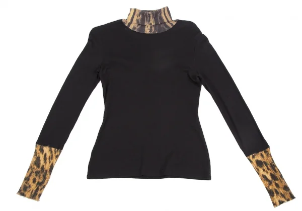 ジャンポールゴルチエ ファムJean Paul GAULTIER FEMME レオパード異素材切替タートルネックカットソー 黒40 K-112641_002