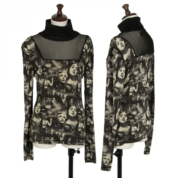 ジャンポールゴルチエ ファムJean Paul GAULTIER FEMME グラフィックプリントパワーネット切替タートルネックカットソー 黒ベージュ40 K-112642_001