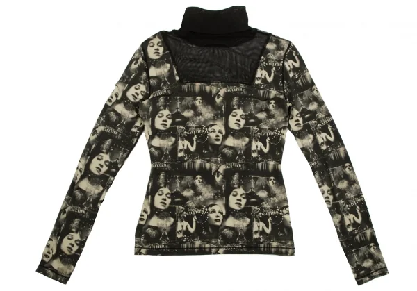 ジャンポールゴルチエ ファムJean Paul GAULTIER FEMME グラフィックプリントパワーネット切替タートルネックカットソー 黒ベージュ40 K-112642_014