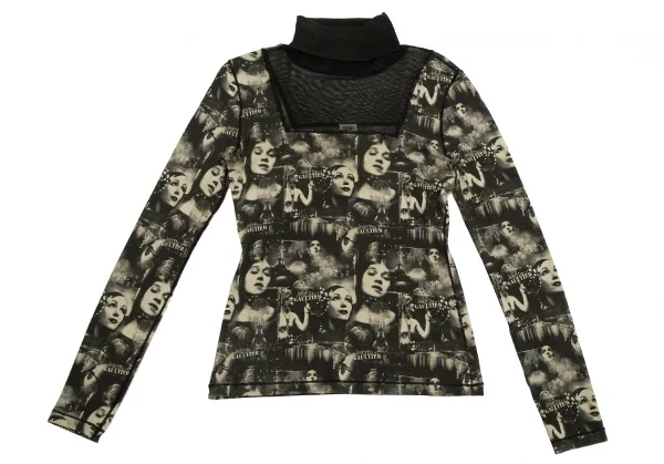 ジャンポールゴルチエ ファムJean Paul GAULTIER FEMME グラフィックプリントパワーネット切替タートルネックカットソー 黒ベージュ40 K-112642_002