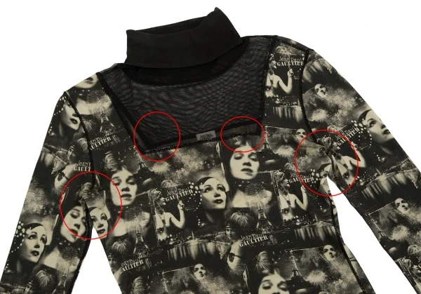 ジャンポールゴルチエ ファムJean Paul GAULTIER FEMME グラフィックプリントパワーネット切替タートルネックカットソー 黒ベージュ40 K-112642_003
