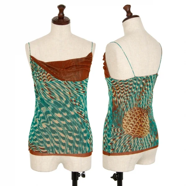 ジャンポールゴルチエ ファムJean Paul GAULTIER FEMME グラフィックプリントレイヤードパワーネットキャミソール 茶緑40 K-112645_001