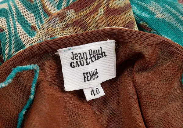 ジャンポールゴルチエ ファムJean Paul GAULTIER FEMME グラフィックプリントレイヤードパワーネットキャミソール 茶緑40 K-112645_012