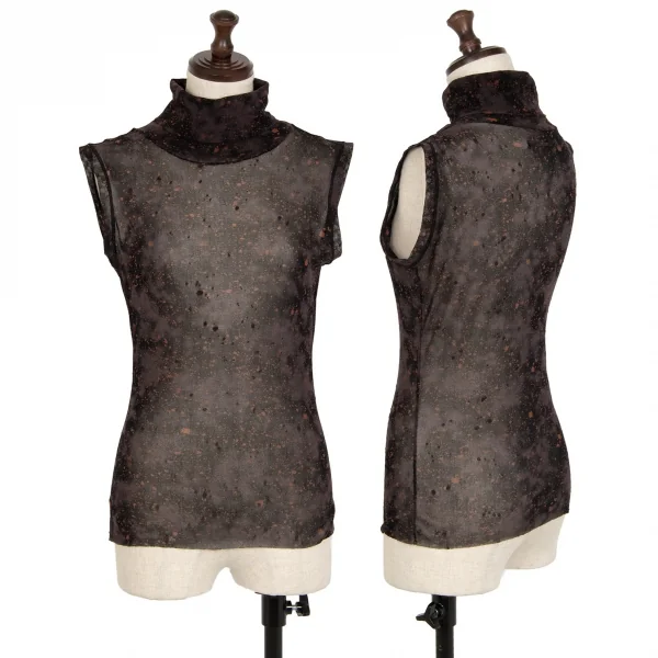ジャンポールゴルチエ ファムJean Paul GAULTIER FEMME スプラッシュプリントタートルネックノースリーブパワーネットカットソー チャコール黒茶40 K-112648_001