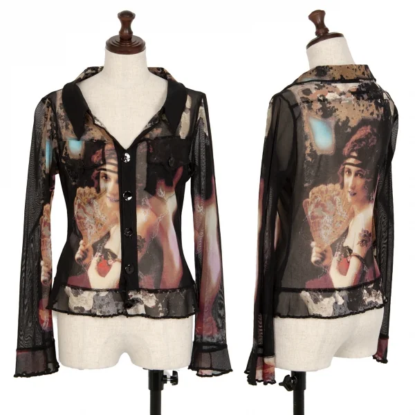 ジャンポールゴルチエJean Paul GAULTIER タトゥーガールプリントパワーネットジャケット 黒マルチ40 K-112649_001