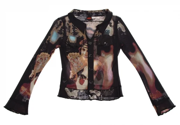 ジャンポールゴルチエJean Paul GAULTIER タトゥーガールプリントパワーネットジャケット 黒マルチ40 K-112649_002