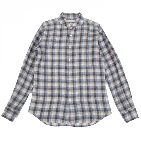 エディフィスEDIFICE Albiniリネンオーバーチェックカッタウェイシャツ 青モカ他M K-112711_001