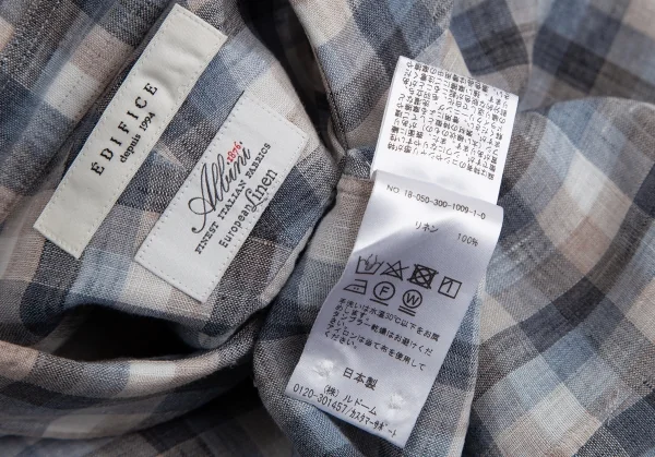 エディフィスEDIFICE Albiniリネンオーバーチェックカッタウェイシャツ 青モカ他M K-112711_011