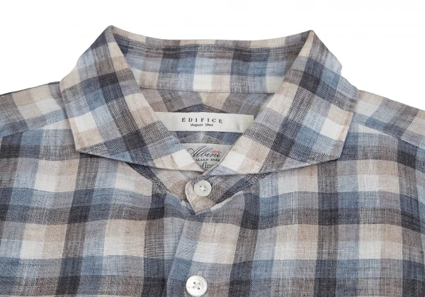 エディフィスEDIFICE Albiniリネンオーバーチェックカッタウェイシャツ 青モカ他M K-112711_002