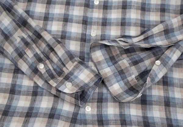 エディフィスEDIFICE Albiniリネンオーバーチェックカッタウェイシャツ 青モカ他M K-112711_005