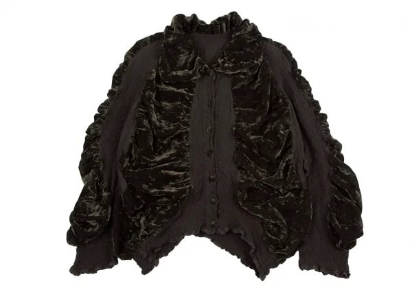イッセイミヤケ ミーISSEY MIYAKE me ドレープベロア切替カリフラワージャケット 茶カーキF K-112806_002