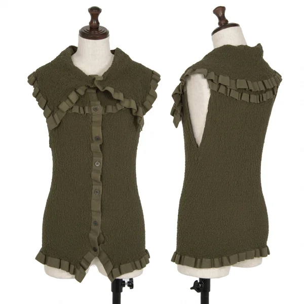 イッセイミヤケ ミーISSEY MIYAKE me テープトリムカリフラワーノースリーブトップス カーキF K-112808_001