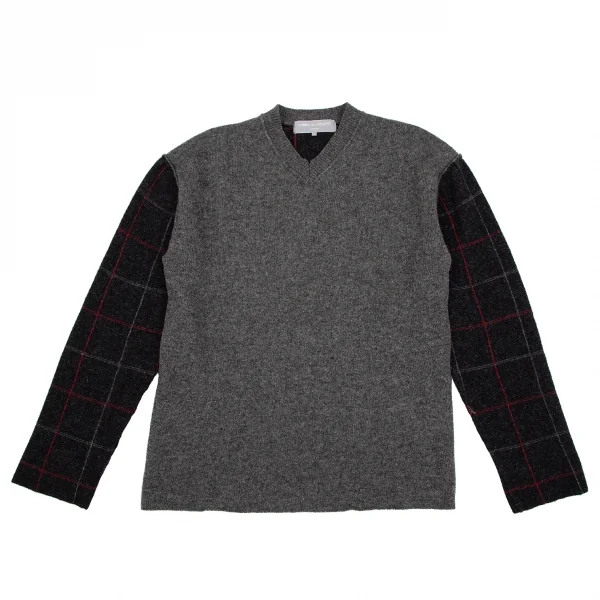 コムデギャルソン オムCOMME des GARCONS HOMME フロント無地切替チェックVネックニットセーター グレーS K-112854_001