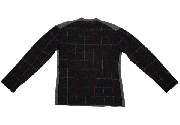 コムデギャルソン オムCOMME des GARCONS HOMME フロント無地切替チェックVネックニットセーター グレーS K-112854_012