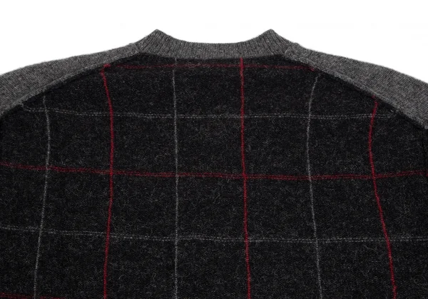 コムデギャルソン オムCOMME des GARCONS HOMME フロント無地切替チェックVネックニットセーター グレーS K-112854_013