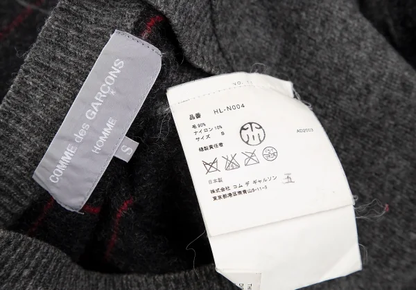 コムデギャルソン オムCOMME des GARCONS HOMME フロント無地切替チェックVネックニットセーター グレーS K-112854_016