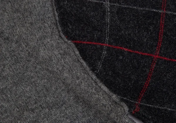 コムデギャルソン オムCOMME des GARCONS HOMME フロント無地切替チェックVネックニットセーター グレーS K-112854_005