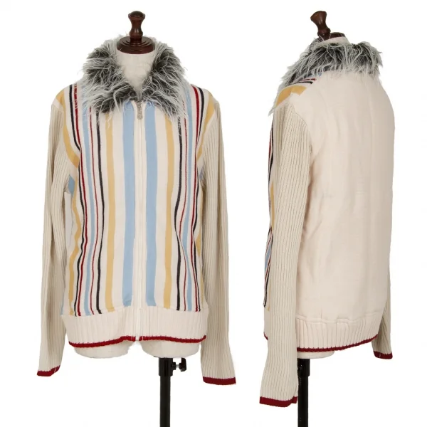 クリスチャンディオール ブティックChristian Dior BOUTIQUE 襟ファーマルチストライプジップアップニットジャケット クリームマルチ40 K-112962_001