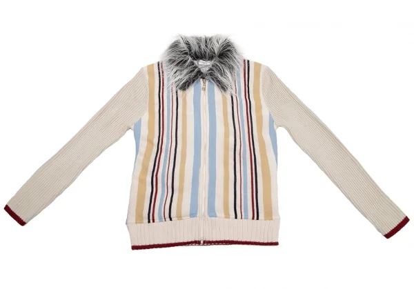 クリスチャンディオール ブティックChristian Dior BOUTIQUE 襟ファーマルチストライプジップアップニットジャケット クリームマルチ40 K-112962_002