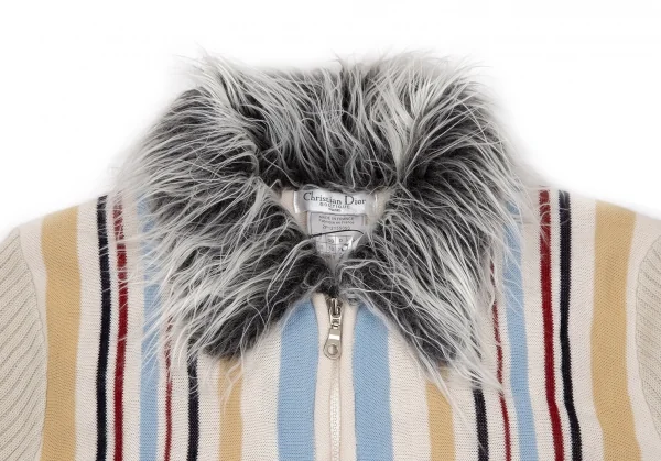 クリスチャンディオール ブティックChristian Dior BOUTIQUE 襟ファーマルチストライプジップアップニットジャケット クリームマルチ40 K-112962_003