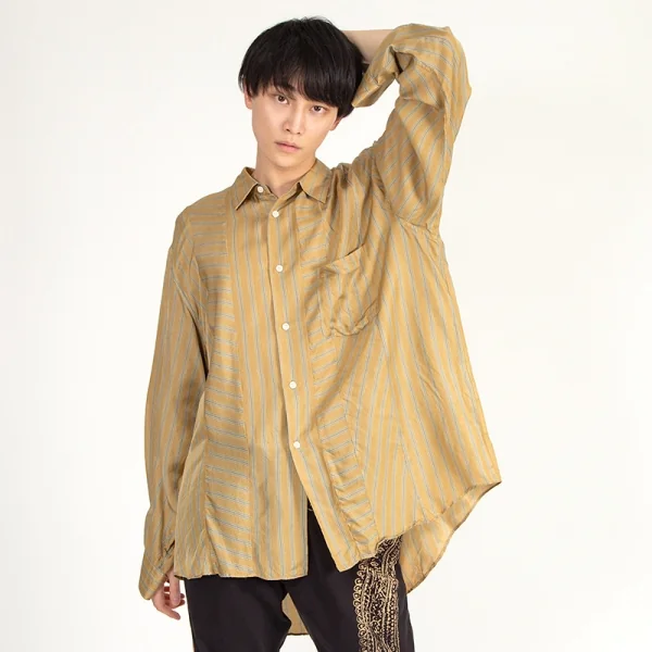 コムデギャルソン オムプリュスCOMME des GARCONS HOMME PLUS キュプラストライプ切替デザインシャツ カーキM位 K-113057_017