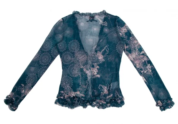 ジャンポールゴルチエJean Paul GAULTIER 曼荼羅プリントパワーネットフリルカーディガン 青40 K-113078_012