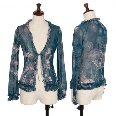 ジャンポールゴルチエJean Paul GAULTIER 曼荼羅プリントパワーネットフリルカーディガン 青
