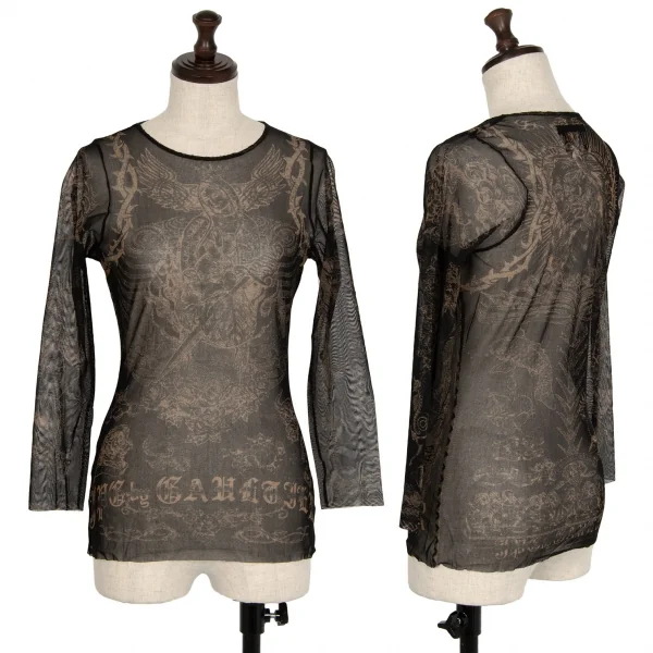 ジャンポールゴルチエJean Paul GAULTIER PARIS マリアキリストプリントパワーネットカットソー 黒茶40 K-113090_001