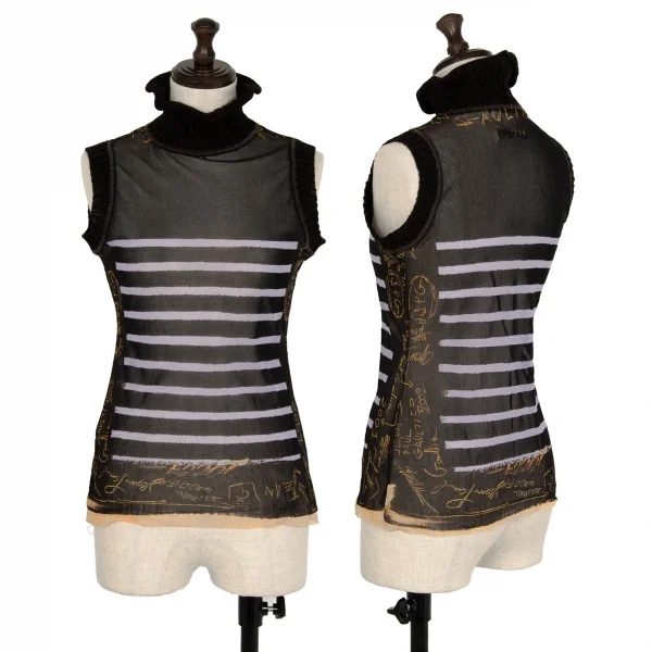 ジャンポールゴルチエ ファムJean Paul GAULTIER FEMME ボーダーグラフィティプリントパワーネットハイネックノースリーブ 黒40 K-113097_001