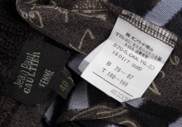 ジャンポールゴルチエ ファムJean Paul GAULTIER FEMME ボーダーグラフィティプリントパワーネットハイネックノースリーブ 黒40 K-113097_013