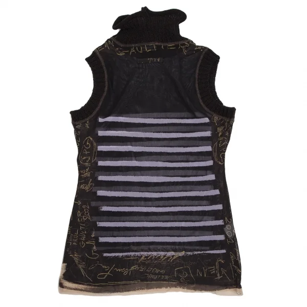 ジャンポールゴルチエ ファムJean Paul GAULTIER FEMME ボーダーグラフィティプリントパワーネットハイネックノースリーブ 黒40 K-113097_009