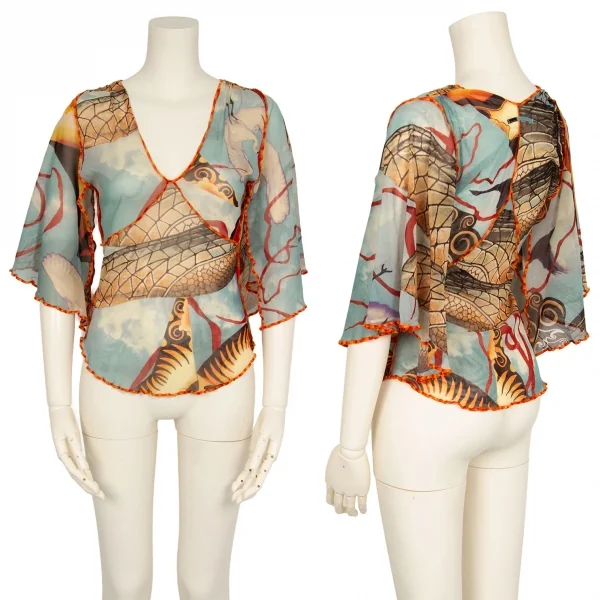 ジャンポールゴルチエ ファムJean Paul GAULTIER FEMME グラフィックプリントパワーネットスカーフスリーブトップス 水色他40 K-113099_001